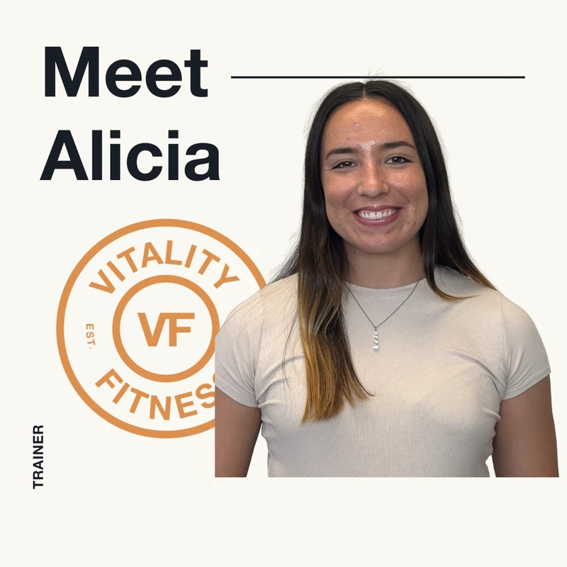 Meet Alicia: portrait of Vitality’s director and strength and conditioning coach with the Vitality Fitness logo.