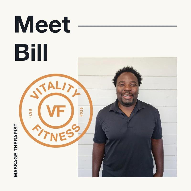 Meet Bill: portrait of Bill Cole, massage therapist, with the Vitality Fitness logo.