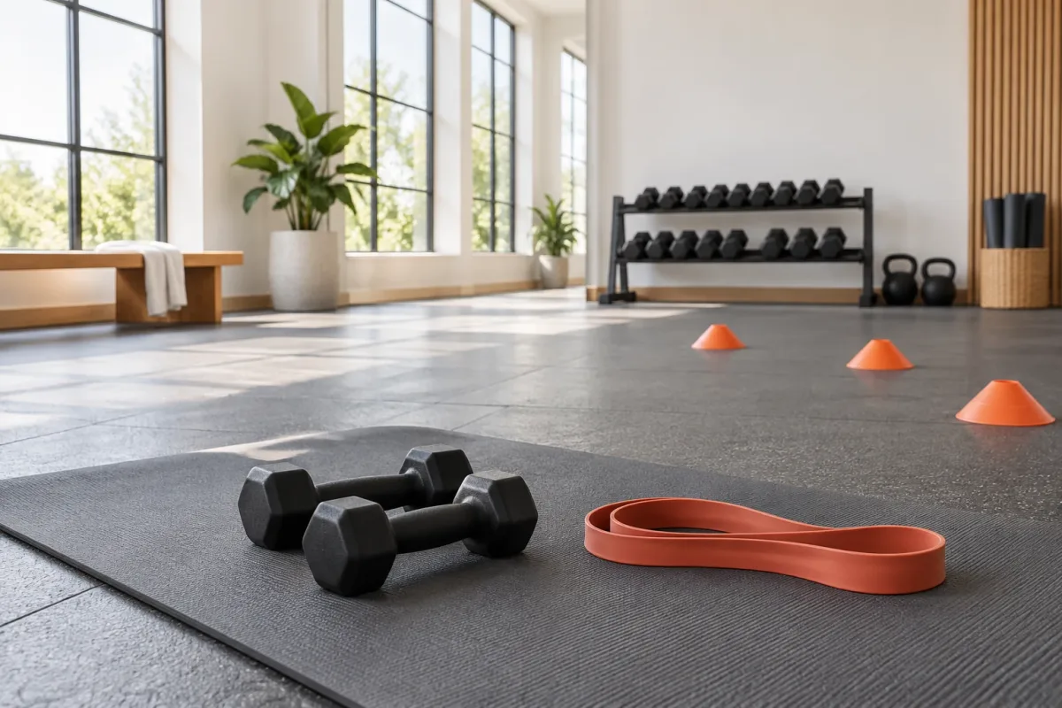 Illustration of dumbbells, a resistance band and cones in an exercise space.